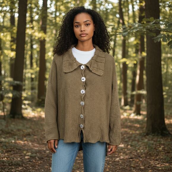 Skifo Olive Green Cotton Linen Collared Cottage Fairy Artsy Lagenlook Cardigan - Picture 1 of 9